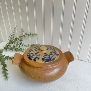 Salt Glazed Stoneware Covered Dish | Rustic Handmade Pottery Blue Floral Design